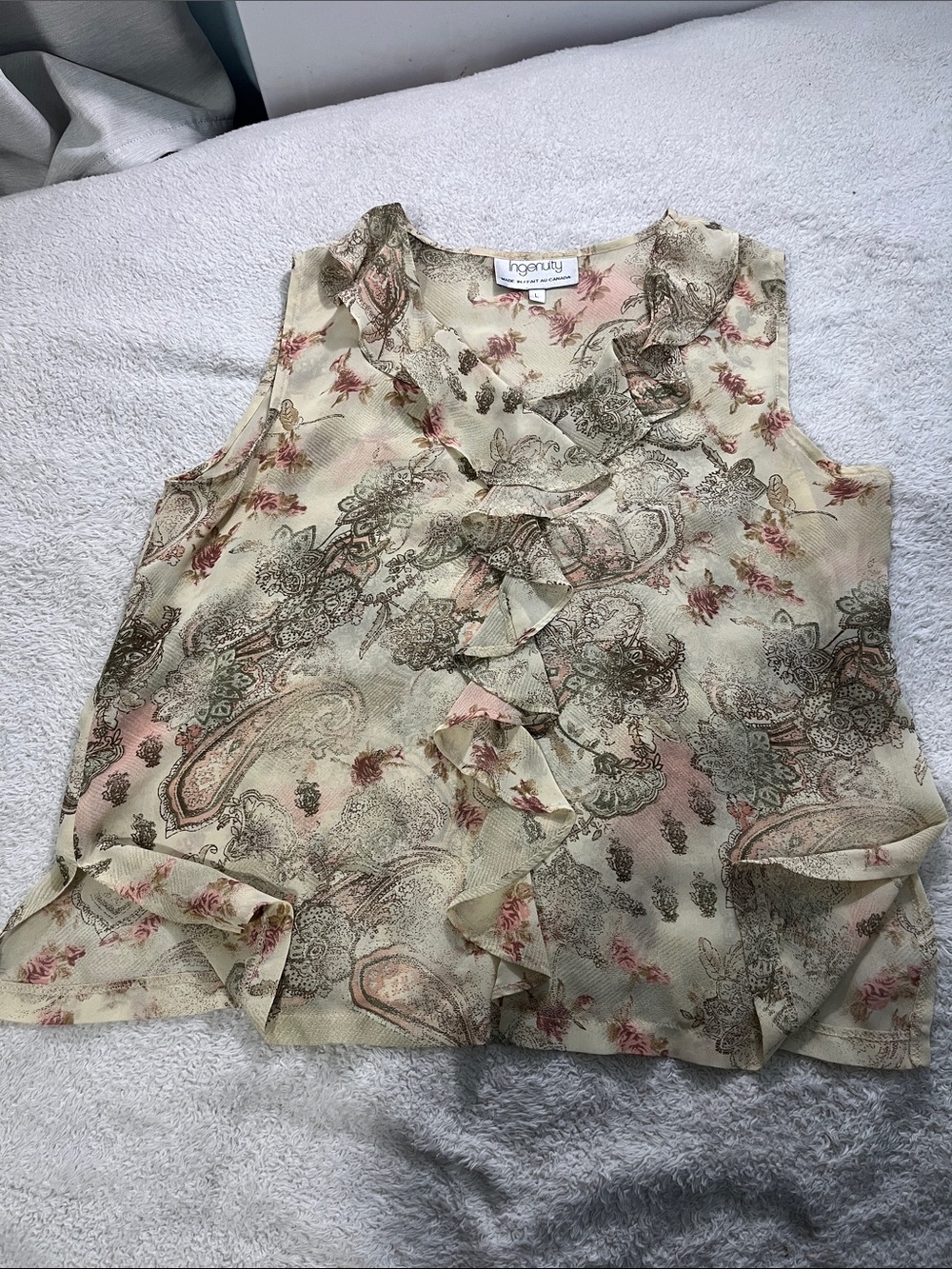 See Through  Cream Paisley Ruffle Sleeveless Blouse #A015